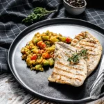 Gebratene Putensteaks mit Quinoa. Weißer Hintergrund. Ansicht von oben von food fotografie hannover.