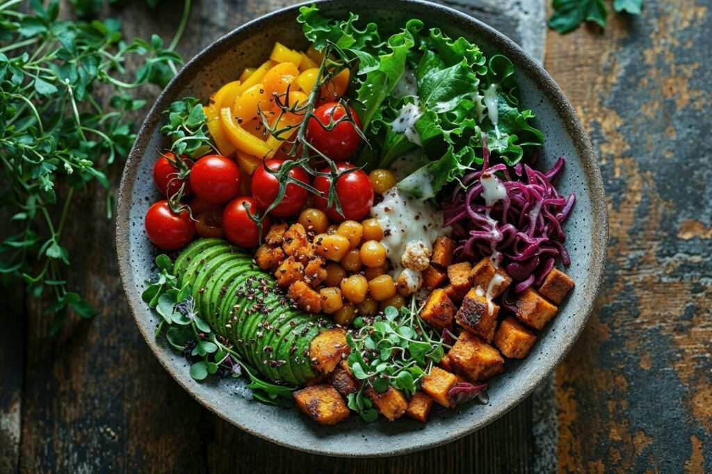 Food Fotograf Hannover - Eine Schüssel mit einer Auswahl an buntem Gemüse, darunter Kirschtomaten, geschnittene gelbe Paprika, Avocadoscheiben, Kichererbsen, Rotkohlstreifen, Blattgemüse und gewürzte Tofuwürfel. Das Gericht wird mit Sprossen garniert und mit einem cremigen Dressing serviert – ein perfektes Motiv für einen atemberaubenden Food-Fotografie-Hintergrund. Food Fotografie Hannover.