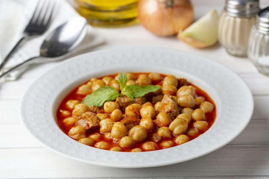 Traditional delicious Turkish foods; Turkish Food Chickpeas with Meat. Turkish name; Etli nohut